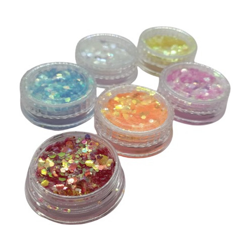 Set X6 Envases Glitter Decoración Uñas Formas Colores