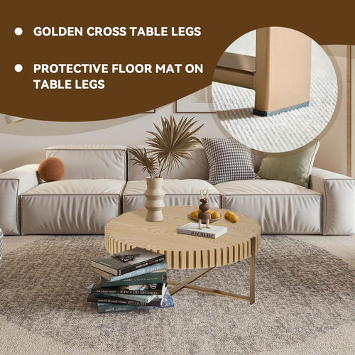 Mesa De Centro Redonda 80 Cm Madera Maciza Patas Acero Inoxi