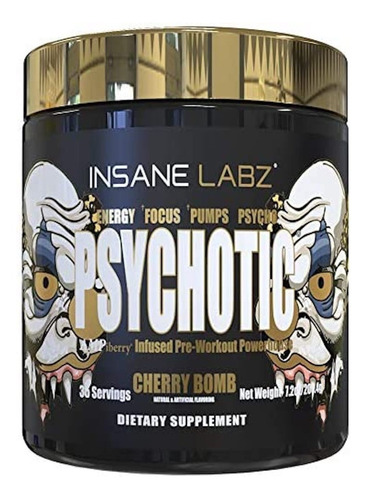 Suplemento en polvo Insane Labz  Psychotic Gold cafeína sabor bomba de cereza en pote de 203g