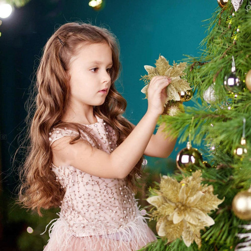 E D 30 Unidades De Flores Douradas Natal Com Glitter P
