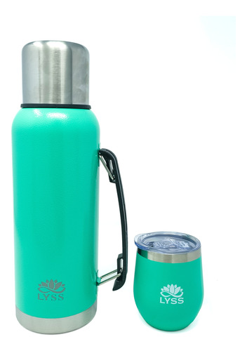 Termo Doble Acero Inox. 1l + Mate 220ml . Con Tapa. Turquesa