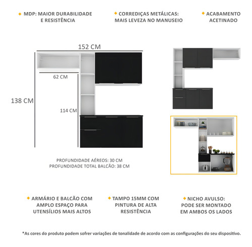 Armário Cozinha Compacta Com Balcão Sofia Multimóveis V2002 Cor Branco/Preto
