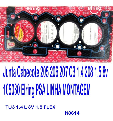 Junta Cabecote 205 206 207 C3 1.4 208 1.5 8v 105030 Elring