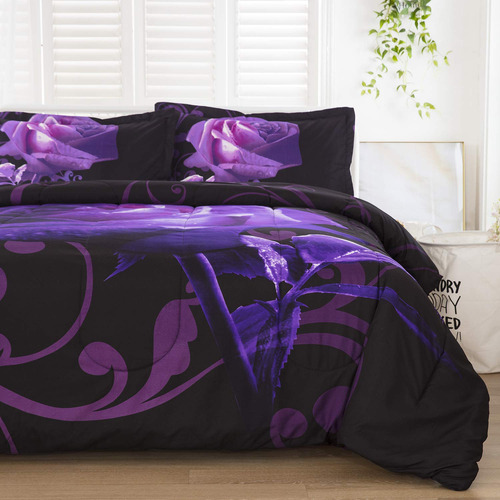 Edredón Reversible Tamaño King Con Estampado De Rosas Morada