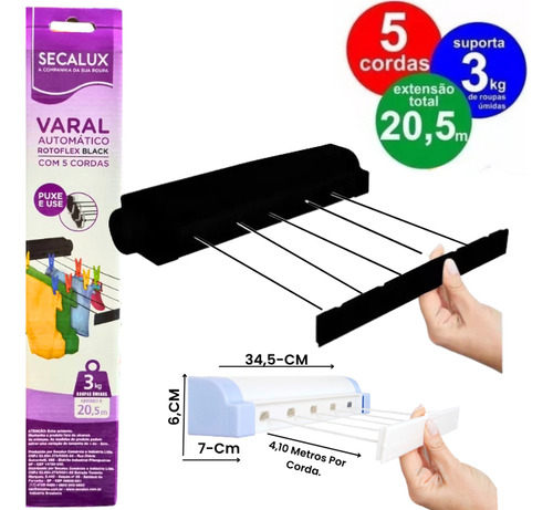 Varal Retratil Parede Automatico Com 5 Cordas Preto Secalux