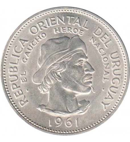 Moneda Uruguay 10 Pesos 1961 Km 43 Gaucho Plata 900 Impec Kj