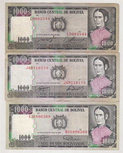 Colección 3 Billetes 1000 Bolivianos 1982 Firmas Diferentes