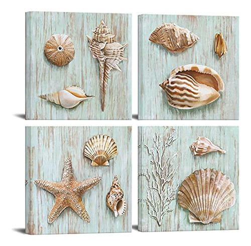 4 Panels Beach Canvas Wall Art Seashell Starfish Counch...