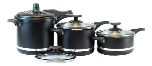 Jogo De Panela Com Panela De Pressão 3 Panela Antiaderente Cor Preto CRAQUELADO