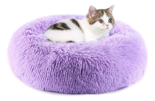 Cama Antiestres Felpa Peluda Mascotasgato Perro 40cm Beige Lila Nido