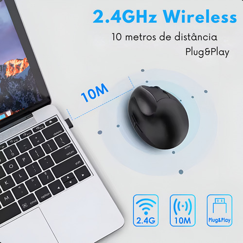 Mouse Sem Fio Vertical Ergonômico Conforto Usb Recarregável