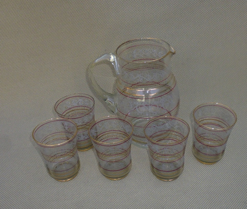 Antigua Jarra De Vidrio Con 5 Vasos