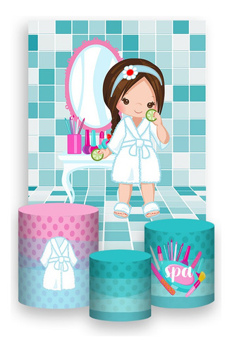 Painel De Festa Vertical + Trio Capa - Menina No Spa Cute 05 Cor Colorido Personagem Dia de Spa