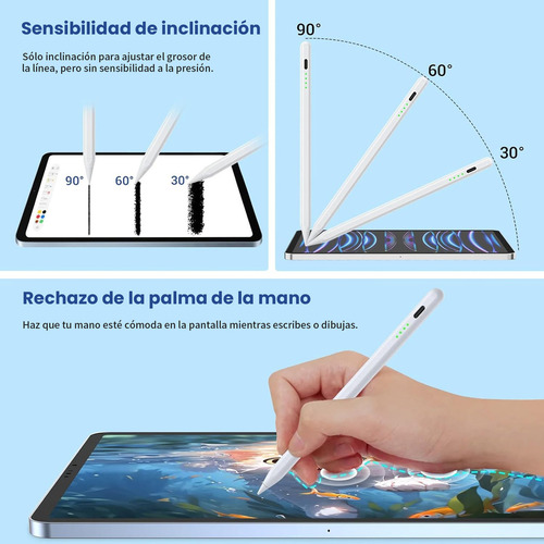 Lápiz Óptico Stylus Pluma Tactil Capacitivo Para iPad/iPad Air/ iPad Mini/ iPad Pro Con Función De Fijación Magnética Y Sensor De Inclinación, Punta De Repuesto Reemplazable, Carga Rápida Usb-c