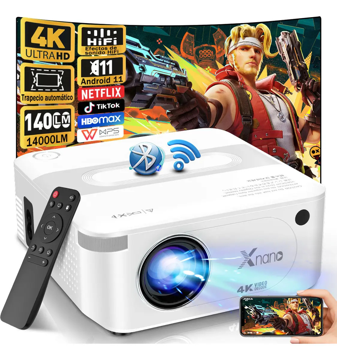Projector Con Sonido HIfi 4k Android 14000lm Mini Proyector Professional Led Portatil Inteligente Dual Wifi 6 Auto Corrección Keystone 1080p Nativo Bt 5.2 blanco Xnano