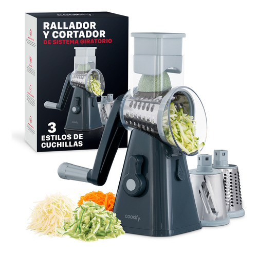 Rallador y Cortador Giratorio para Verduras y Queso Cookify 3 en 1 Cabezales Intercambiables para Picar Cortar en Espiral Ergonómico Seguro Duradero Ideal para Comidas Saludables Color Gris