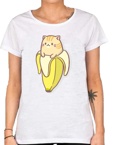 Remera De Mujer Michi Banana Minino Fruit Cat Kawaii Cute An