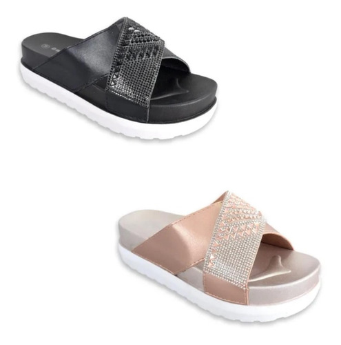 Sandalias Chinelas Mujer Dmoon Fa035 Strass Brillos Cruzadas