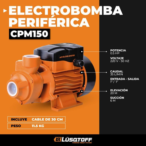 Imagen 3 de 9 de Bomba Periferica 1/2hp 370 Watts Lusqtoff 28 Mts Cpm150