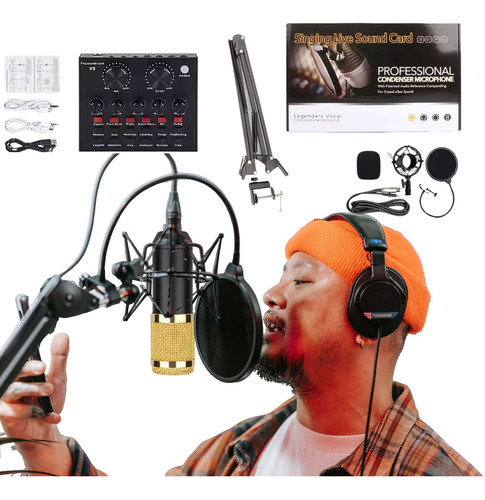Kit Microfone Condensador Dourado Interface De Mesa Com Fio