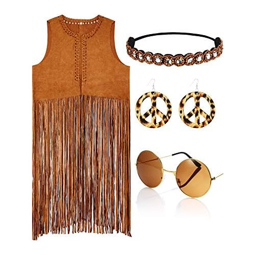 Conjunto De Disfraz Hippie De 4 Piezas Mujer, Chaleco F...