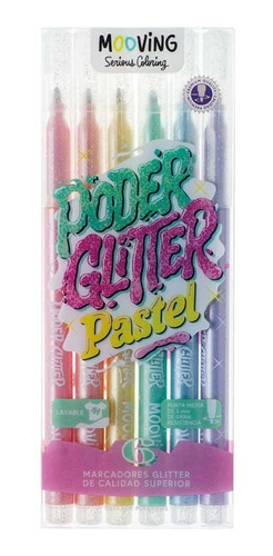 Marcadores Colores Glitter Pastel Fibra Coloring Mooving X 6