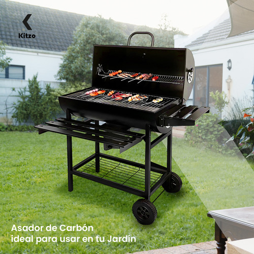 Asador De Carbón Tipo Barril Con Ruedas Acero Inoxidable Parrilla Para Jardin Kitzo