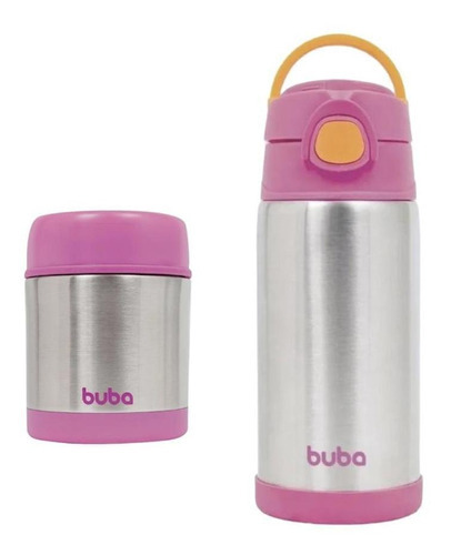 Kit Copo Térmico Canudo Buba 400ml + Pote Térmico 350ml Rosa