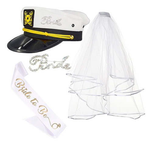 (w) Bride To Be Set Sombrero De Yate Blanco Con Velo Corto P