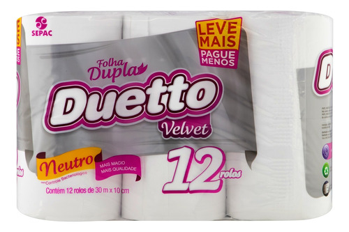 Papel higiênico Duetto Velvet folha dupla 30 m de 12 un