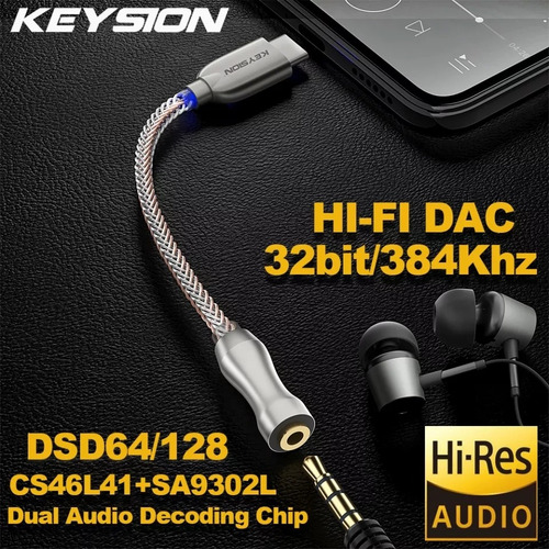 Dac Hifi Keysion Adaptador Fone De Ouvido 3.5 Mm Para Usb C