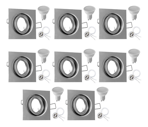 Spot Cuadrado Móvil Acero Platil Dicro Led Cálida 7w Combo 8