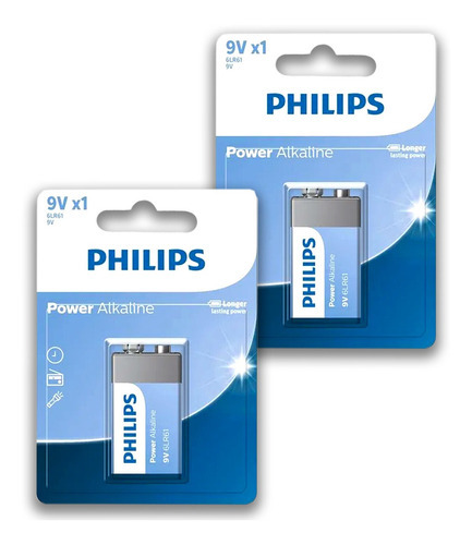 02 Pilhas Baterias 9v Alcalina Philips 6LR61P1B/59 2 Cartelas