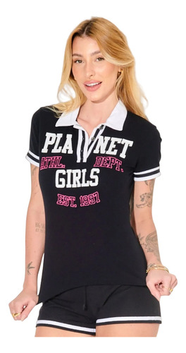 Camiseta Polo Piquet Preta Planet Girls Letreiro 97 Bordado 