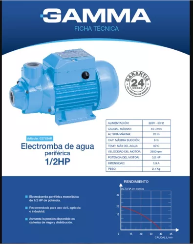 Bomba Agua Periférica Extracción Gamma Qb60 1/2 Hp G2763ar Color Celeste  Fase eléctrica Monofásica Frecuencia 60 Hz