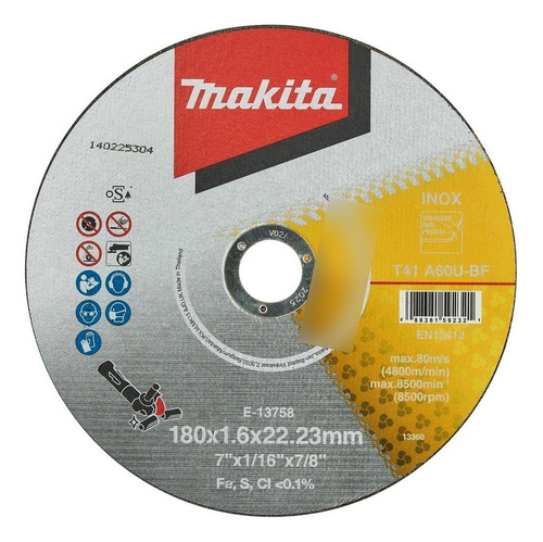Disco de corte de aço inoxidável A60u de 7" X 1,6 mm - cor cinza Makita