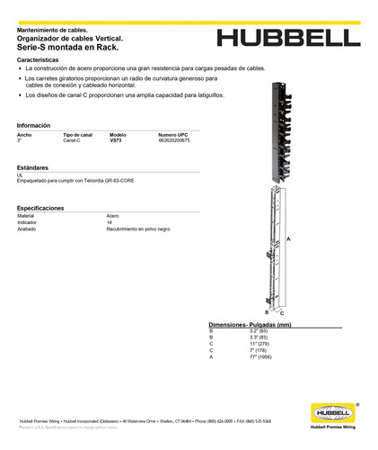 Organizador De Cables Vertical En C, Para Rack De 7' Hubbell