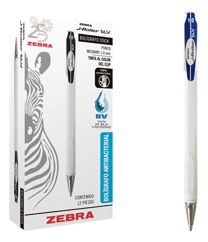 12 Bolígrafos Plumas Zebra J Roller Slv Trazo Mediano 1.0mm Tinta Azul
