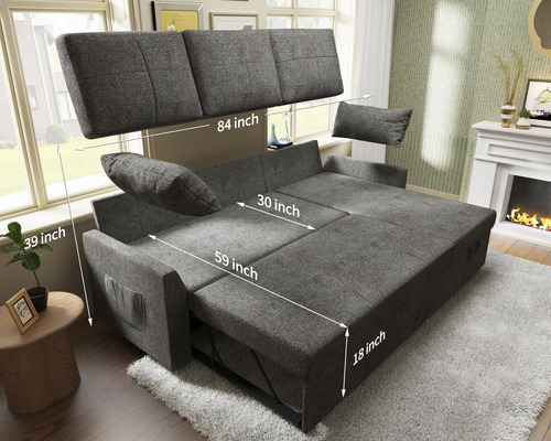 Sofá Cama Extraíble De Lino Gris Con Diván De Almacenamiento