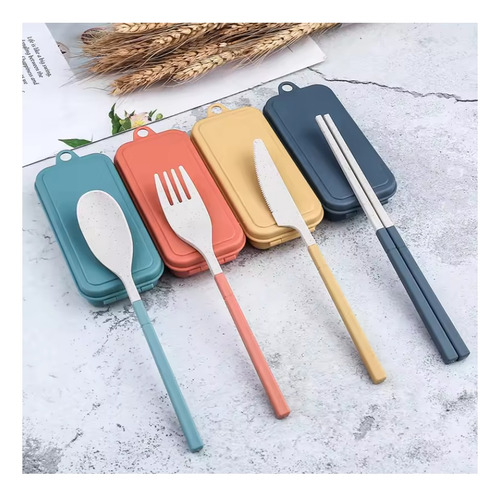 Juego De Cubiertos Portátiles Con Estuche Colores Set Comida Azul