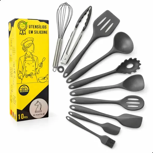 Conjunto Utensílios Profissional 10 Peças Cozinha Silicone Cinza-...
