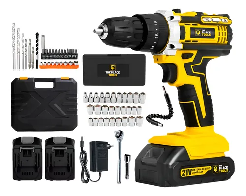 Parafusadeira Furadeira De Impacto A Bateria 21V Biv 3/8 10mm E Acessórios + Jogo De Soquetes 40 Peças The Black Tools
