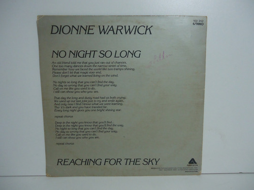 Imagem 2 de 4 de Dionne Warwick 1980 No Night So Long / Reaching For Compacto