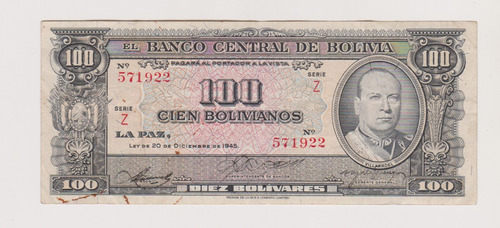 Billete Bolivia 100 Bolivianos Año 1945 (147) Excelente