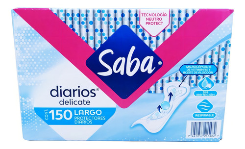 Protectores Diarios Saba® Largos Anti Irritación, 150 Piezas