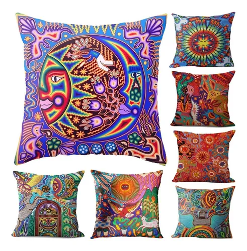 V Juego 7 Fundas Arte Huichol Mexicano Cojín Lino Premium