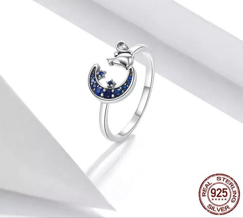Imagen 2 de 4 de Anillo Gato Luna Gatito Ajustable Circon Plata 925 Joyas