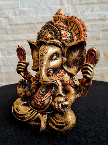 Estátua Ganesha Deus Sabedoria Sorte Resina 20cm ! Cor Ouro Velho / Bronze