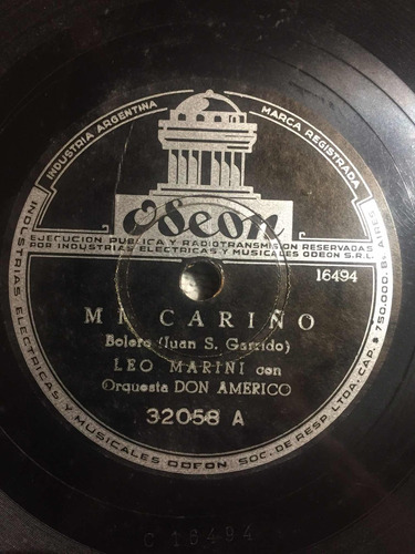 Disco De Pasta 78 Rpm Leo Marini Don Americo Odeon 32058