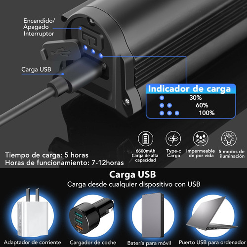 Luz Para Bicicleta 6000 Lúmenes Impermeable Con Luz Trasera